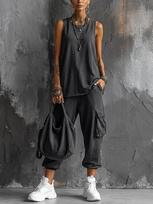 Moterų vientisos spalvos berankovis topas ir cargo kelnės dviejų dalių komplektas Streetwear laisvo kirpimo vasaros apranga S tamsiai pilka spalva