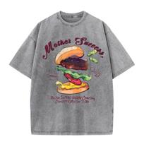 Cotton Washed T-Shirts All-Math O-Neck Distressed Short Sleeve Delicious Burger American Retro Print Tops Summer Clothes S įvairiaspalvis