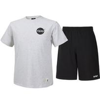 Nasa Unisex Cotton Blend Training T-Shirt + Knee-Length Cotton Shorts Set [Melange White + Black] 95