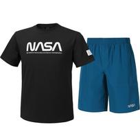 Nasa Unisex Cotton Blend Training Short Sleeve T-Shirt + Woven Knee-Length Shorts Set [Black + Green/Blue] 110