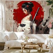 Japanese samurai background-white kimono with sword tapestry, red floral accent woman-living room decorative wall covering 100X70CM
