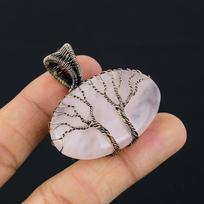 Double Tree Of Life Rose Quartz Gemstone Copper Wire Wrap Handmade Pendant Jewelry For Wedding Gift 1.77 rožinė