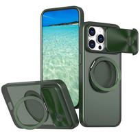 Magsafe Case For iPhone 15 14 13 12 Pro Max XR 11 15 14 Plus Slide Camera Ring Holder Stand Silicone Protection Hard Phone Cover iPhone 15 tamsiai žalia spalva