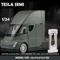 1/24 Scale Tesla Semi Truck Trailer Metal Alloy Diecast Truck Trailer Model Sound & Light Collection Car Model Toy Gift with Boys C325 pilka
