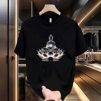 Summer Round Neck Buddha and Lotus Pattern Printed Top Fashionable Casual Pure Cotton Short Sleeved Men's T-shirts S