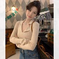 Flower camel collar slim fit sweet and spicy bottoming shirt women's autumn polo lapel pit strip top sweater S kupranugaris