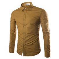 New Men's Fashion Shirt Slim Shirt Hundreds of Solid-coloured Business Casual Long-sleeved Shirt Male M chaki