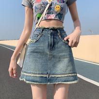 Classic Versatile Thin Section Skirt A-line Retro Burlap High-waisted Versatile Package Hip Half-body Skirt Ladies Summer Fashion Denim Short Skirt S mėlyna