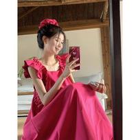 Rose Red Puff Sleeve Maternity Dress - Square Neck, Loose Fit, Slimming, Sweet, Summer Seaside Style. M
