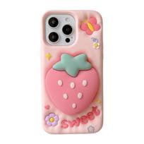 Cute 3D Cartoon Strawberry Hand Grip Holder Soft Silicone Case For iPhone 16 15 13 14 Pro Max Shockproof Back Cover iPhone 16 Pro