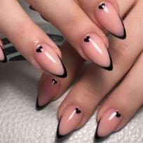 24Pcs Short Almond Press On Nails, Nude with Black French Tips & Heart Print Fake Nails for Valentine United States