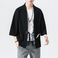 Mens Black Crane Embroidery Open Front Kimono Cardigan M juoda
