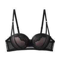 Elegant Black Balconette Bra With Sheer Mesh Lace Overlay And Detachable Straps S kūno spalva