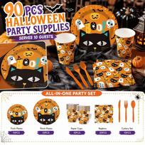 90-Piece Halloween Party Supplies Set - Disposable Plates, Cups and Napkins with Pumpkin and Designs, for Birthday Parties, Serves 10 Guests One Size