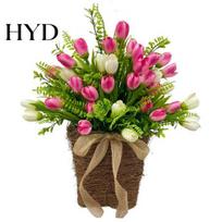 Summer Garden Decor Artificial Tulip Door Hanger Basket Wreath for Front Spring Hanging Floral with Woven Wall Window Holiday Outdoor 1pc