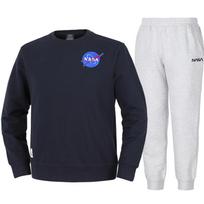 Nasa Unisex Loose Fit Sweatshirt With Wappen + Jogger Pants Set [Navy + Melange White] 100
