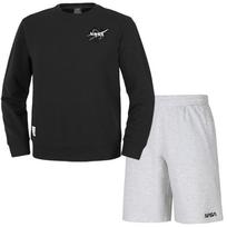 Nasa Unisex Loose Fit Sweatshirt With Wappen + Knee-Length Cotton Shorts Set [Black + Melange White] 105