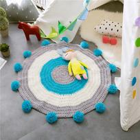 PJTW Ring Contrast Color Pompoms Rug for Kid's Cozy Soft Crawl Mat Chunky Knit 80*80cm mėlyna