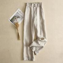High Waist Wide Leg Pants Women's Spring Summer Loose Thin Casual Linen Cotton Trousers S smėlis