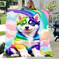 Colorful Rainbow Husky Puppy Throw Blanket - Soft and Cozy Fleece Blanket Featuring a Cheerful Husky with Vibrant Colors and Pla Size: 75*100cm, Weight: 230 GSM