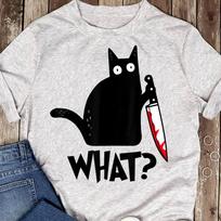 Cat What? Funny Black CaT-Shirt, Murderous Cat With Knife T-Shirt - Gift for Cat Lovers - Funny CaT-Shirt 4XL