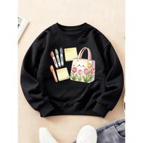 Kids Crewneck Sweatshirt,  Tulip Stationery Bag Heart Fun Print Long Sleeve Top for Autumn Winter 110 juoda