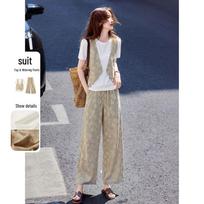 Lyocell Retro Faux Two-Piece T-Shirt & Wide-Leg Pants Set XL chaki