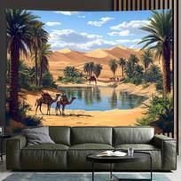Desert Oasis Tapestry, Camels by Palm Tree Lagoon in Sand Dunes, Exotic Landscape Wall Art for Home Dorm Decor 100X70CM