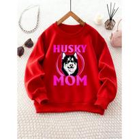 Unisex Round Neck Sweatshirt with Husky Print and  HUSKY MOM  Graphic, Christmas Outfit, Casual Sportswear 120 raudona