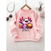 Unisex Cartoon Salamander Pizza Burger Crew Neck Sweatshirt , Casual, Slight Stretch Fabric, Perfect for Parties and Thanksgiving, Fall Winter Season 110