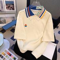 Preppy stiliaus balti polo marškinėliai vasarai, laisvi, kasdieniški, moteriški marškinėliai trumpomis rankovėmis, Korėjos maistas, didelio dydžio stiliaus viršus onesize balta
