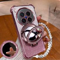 Shockproof Glitter Plating Case For Vivo X300 Pro Crystal Bracelet Mirror Magnetic Holder Cover vivo X300 Pro rožinė
