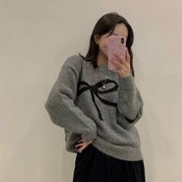 Elegant Korean O-neck Bow Tie Pattern Sweet Pullover Sweater Autumn Women Long Sleeve Casual Knitted Top Loose Fashion Winter Simple Knitwear one size pilka spalva