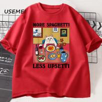 More Spaghetti Less Upsetti Funny Cat T Shirt Men Women Printed T Shirt Harajuku O Neck Cotton Short Sleeves Tee Shirt Cat Lover XXXL raudona