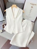 Elegant Women's Sleeveless Waistcoat and Straight-Leg Pants Suit 5XL balta