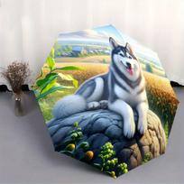 Automatic Folding Umbrella A husky sitting on a rock in a field. Portable collapsible design, casual outdoor accessory, for al (as the picture,Iron&8K)