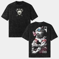 Naujausias Inosuke Demon Slayer Anime Marškinėliai Dvigubos Pusės Grafinis Marškinėlis Vintažinis Skalbtas Kimetsu No Yaiba Marškinėlis Unisex Marškinėlis 2XL gray