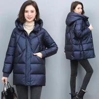 Medvilninis paltas su gobtuvu Moteriškas vidutinio ilgio žieminis švarkas Elegantiškas mamos parkas Paminkštintas švarkas Storas pūkais paminkštintas švarkas Vintažinis M mėlyna