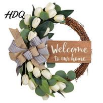 Fresh Floral Door Garland 15 Inches Artificial Tulips Bowknot Wreath with Welcome Sign for Front Door Green Simulated Tulip Leaf Wreath Spring