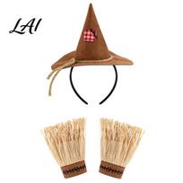 Rustic Halloween Costume Set Scarecrow Set with Headband Pointed Hat And Straw Brown Bracelets Cosplay for Farm Party Accessories Unisex Bracelets