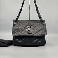 [Pre-Owned] YSL Niki Logo Chain Vintage Pleated Leather Crossbody Bag - Very Good #18M1AJS ONE SIZE