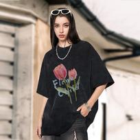 Tulip Printed Fashion T-Shirt Crew Neck Cotton Casual Short Sleeve Women Trendy Vintage Unisex Washed T-shirt 90s Oversize Tee S įvairiaspalvis