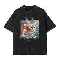 Trippi Troppi Cat Shrimp Outfit Washed T Shirt for Men Women Streetwear Hip Hop T-Shirt Summer  Tees Tops Cotton S įvairiaspalvis