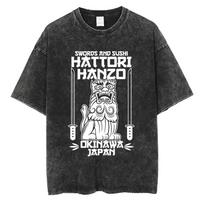 Quentin Tarantino Movie Hattori Hanzo RED Swords and Sushi Kill Bill Okinawa Japan Vintage Washed T Shirts Unisex Casual T-shirt S įvairiaspalvis