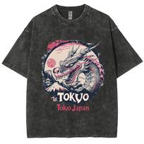Japoniškas animacinis drakono atvaizdas Spausdinimas Skalbtas džinsas Vintage moteriški marškinėliai Oversized apvali apykaklė Harajuku stiliaus viršus S įvairiaspalvis