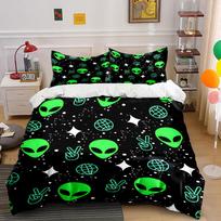 Green aliens, stars, globes. Bedding sets Duvet cover sets Duvet covers Pillowcases(1*Duvet Cover 2*Pillowcases without duvet insert) 135x200cm