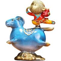 Aris & Juno Hand-Painted Copper Horse & Monkey Sculpture, Traditional Chinese Instant Nobility Blessing Statue with Crackled Glaze, Feng Shui Office mėlyna