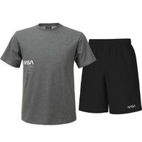 Nasa Unisex Cotton Blend Training Short Sleeve T-Shirt + Woven Knee-Length Shorts Set [Charcoal + Black] 95
