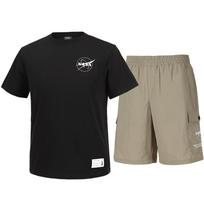 Nasa Unisex Cotton Blend Training T-Shirt + Woven Knee-Length Shorts Set [Black + Beige] 100