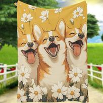 Joyful Corgi Daisy Blanket, Soft Cozy Throw with Happy Dog Faces Design, Perfect Gift Idea for Pet and Flower Lovers Everywhere Size: 75*100cm, Weight: 230 GSM